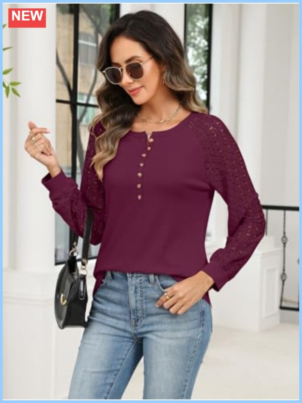 Minetom Womens Lace Long Sleeve Henley Shirt Casual Blouse Soft Stretchy - Picture 4 of 6
